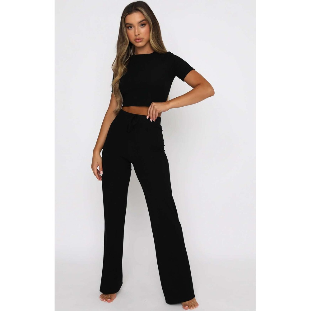 White Fox Adore You Ribbed Pants High Waisted Lounge Wide Leg Black Small